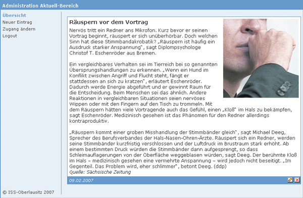 Beispiel: Der veröffentlichte Eintrag im Administrationsbereich.